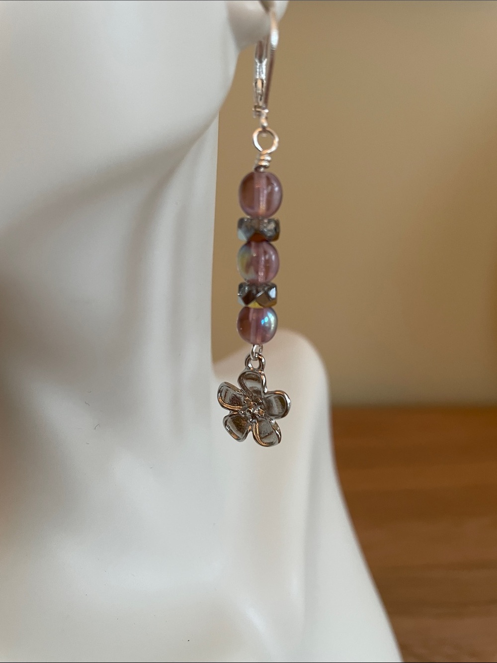 HAND CRAFTED PURPLE CZECH GLASS BEADED FLOWER DROP EARRINGS Silver Floral Dangle - Picture 3 of 9
